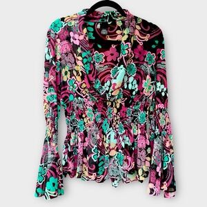 Bisou Bisou Women’s Sheer Purple Floral Boho Bell Sleeves Cinch Waist Top Size M